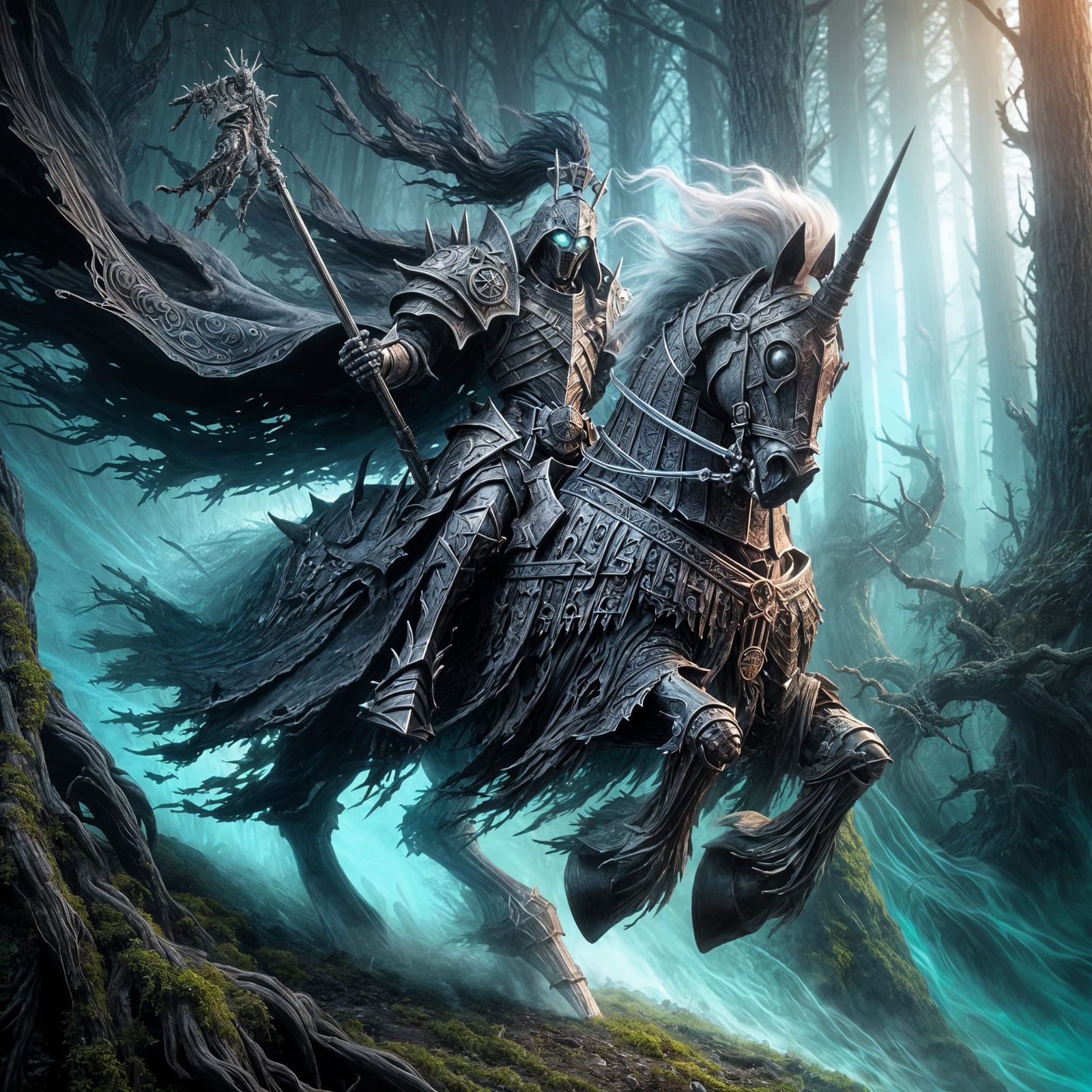 Spectral Knight Charges Through Shadowed Forest in Dark Fant...