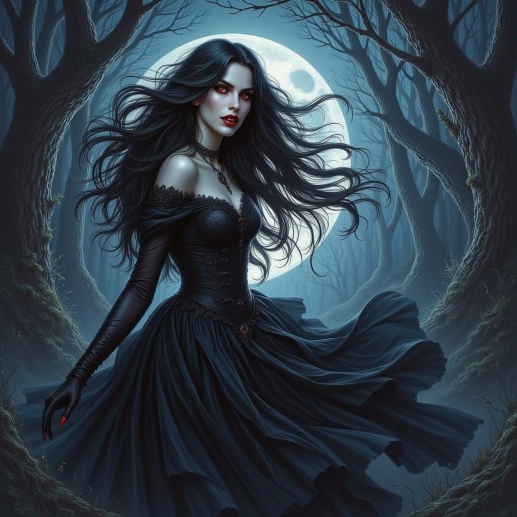 Gothic Vampire Woman in Moonlit Forest