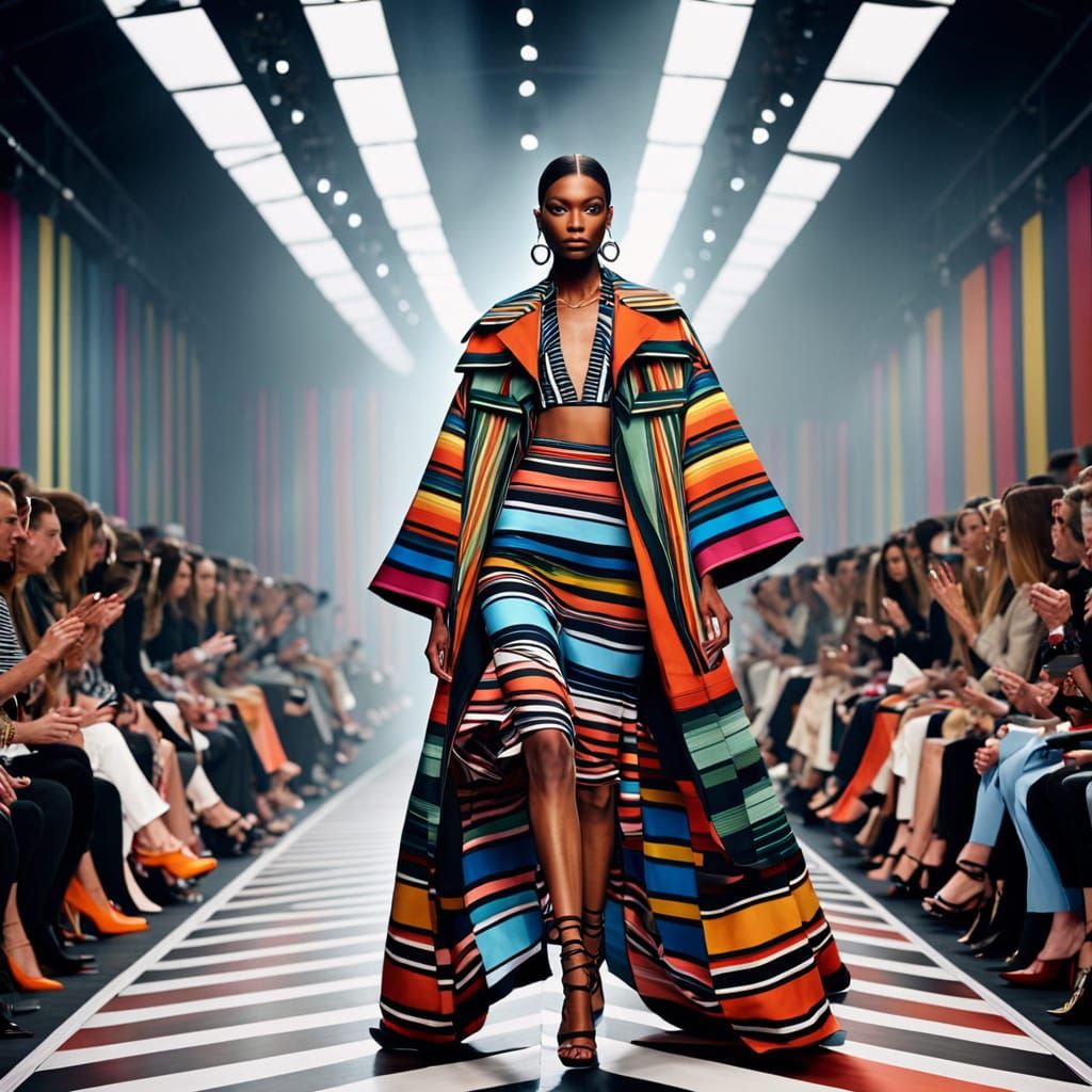 Models Strutting in Vibrant, Striped Fashion on a Dramatic R...