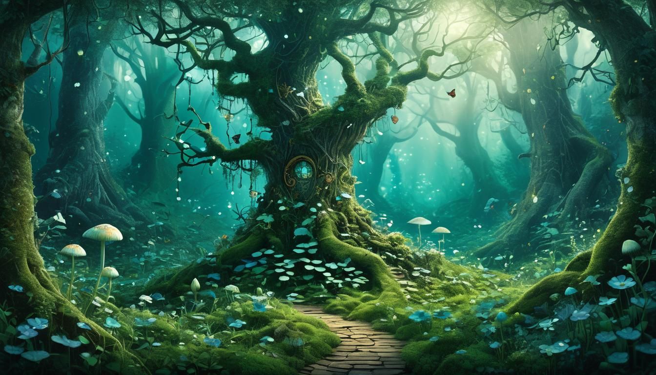 Enchanted Forest with Mystical Flora and Fauna