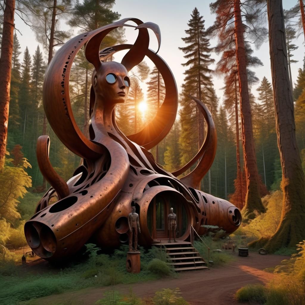 Eccentric Metal Sculptor's Home in Forest at Sunset