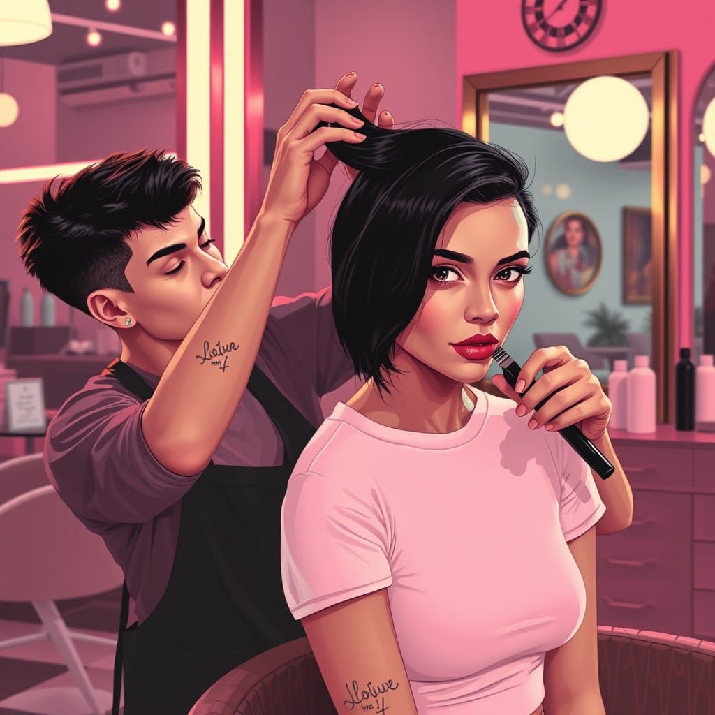 Butch Woman Cuts Hair in 1980s Pop Art Salon