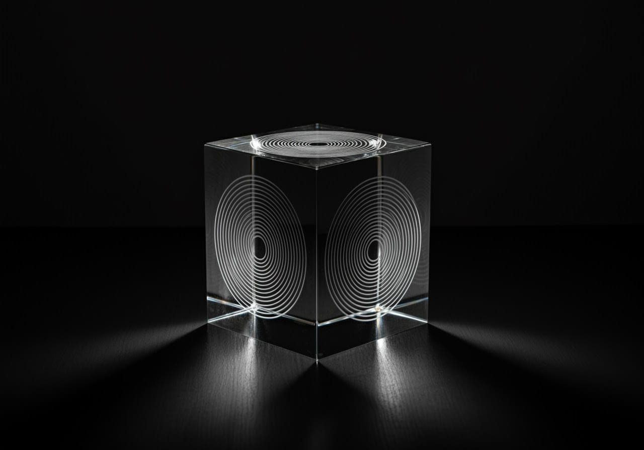 Sleek Transparent Cube with Intricate Patterns in Modern Sty...