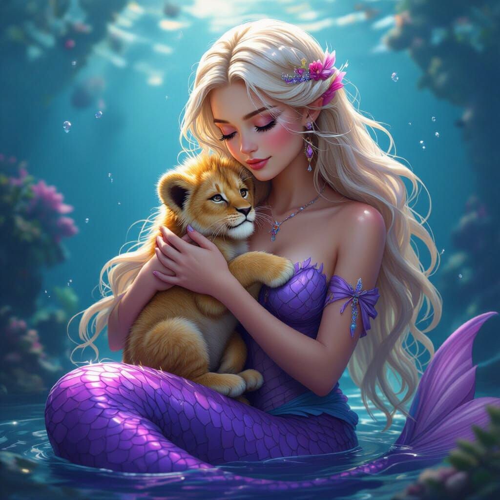 Purple Mermaid Holding Lion Cub, Fantastical Matte Painting