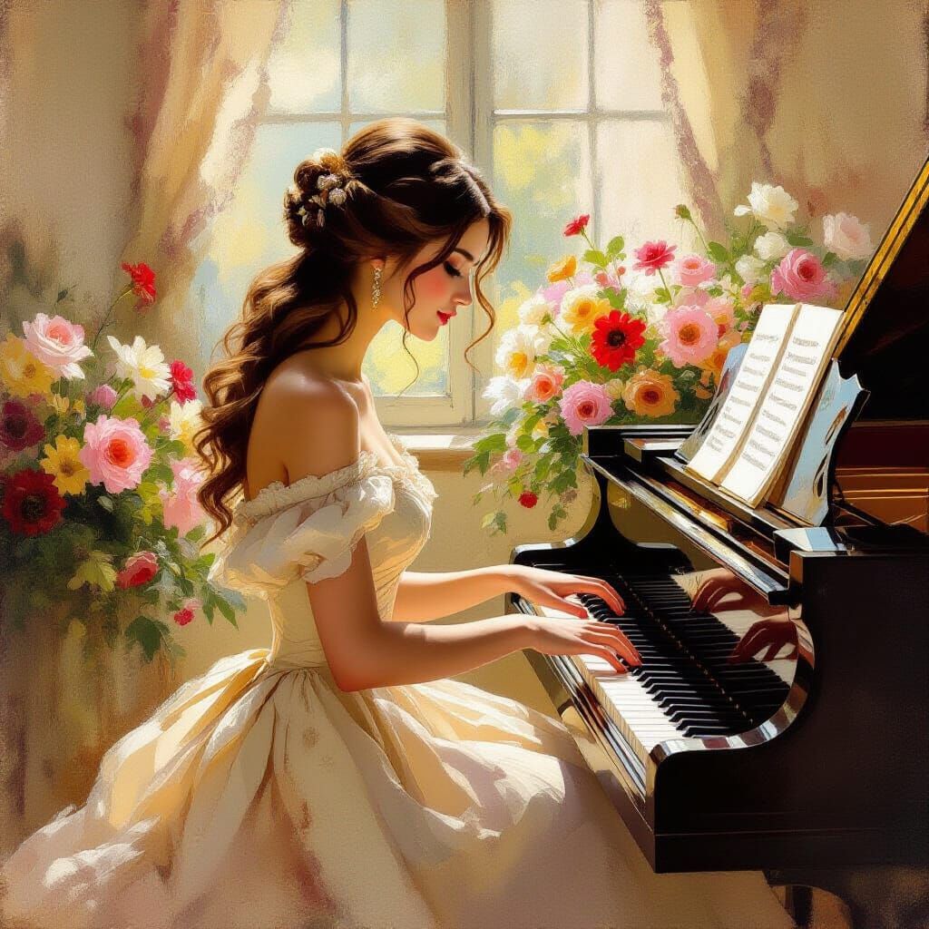 Woman Plays Piano in Impressionist Style