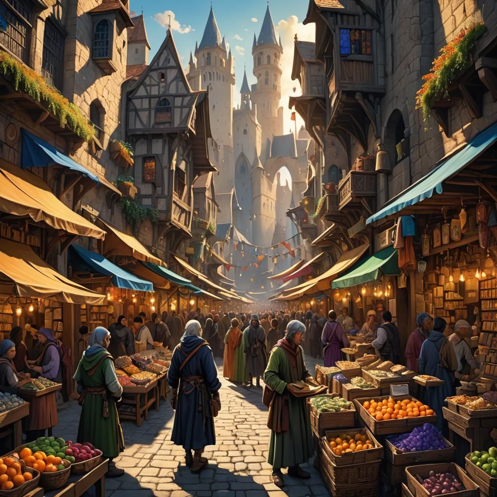 Medieval Book Seller in Bustling Fantasy Market