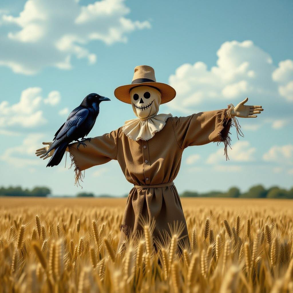 Scarecrow and Raven in Wheat Field