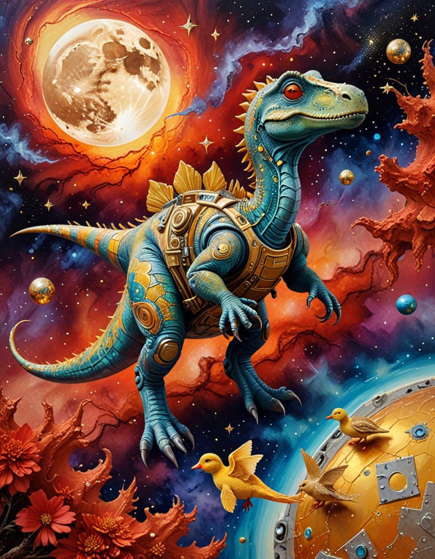 Dinosaurs in Space: Surreal Mixed Media Painting