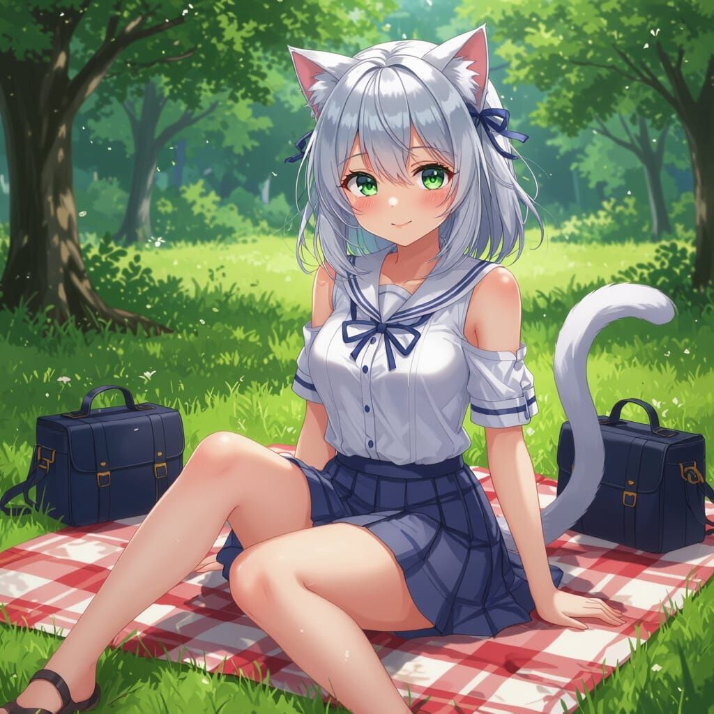 Anime Cat Girl on Picnic Blanket, Shyly Contemplative