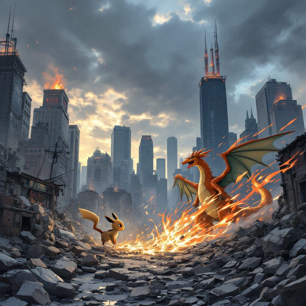 Eevee and Charizard Battle in Post-Apocalyptic Chicago Gym