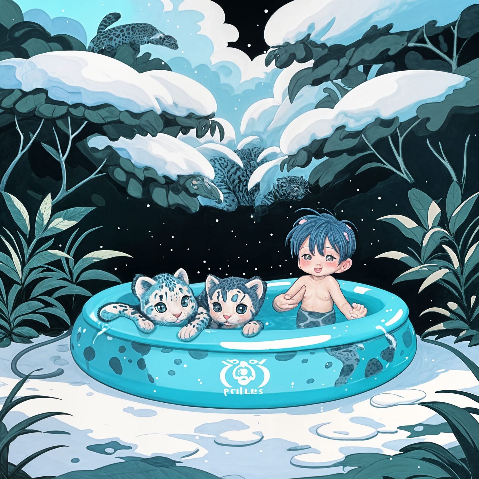 Clouded Leopard cubs playing in a backyard pool