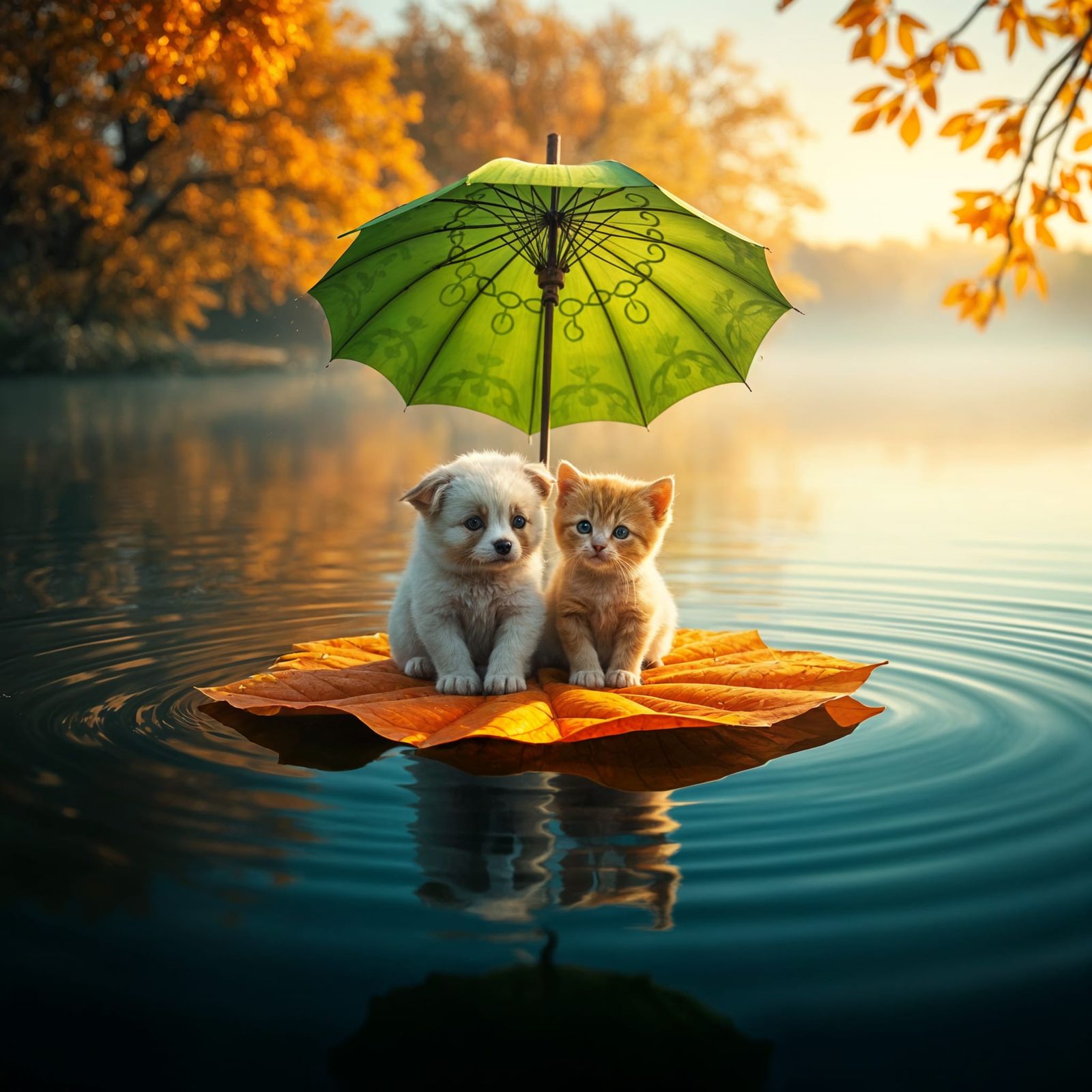 Whimsical Autumn Wonderland with Kitten and Puppy