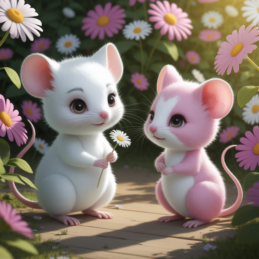 Bashful Mouse Couple in Sunny Flower Garden