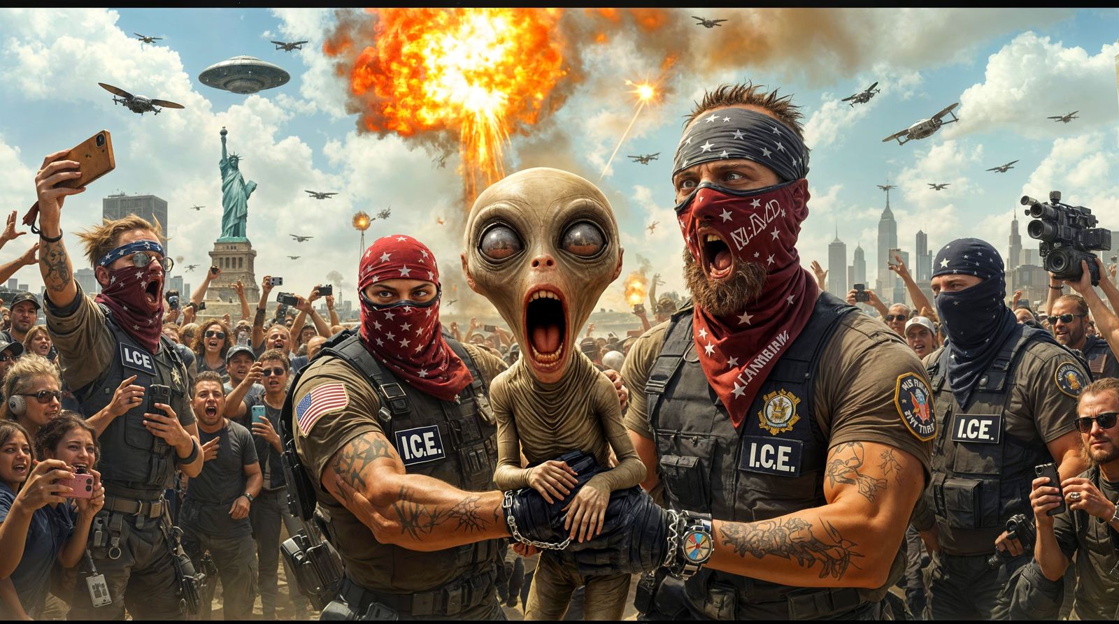 Funny Alien Abduction Caricature in Blomkamp Style