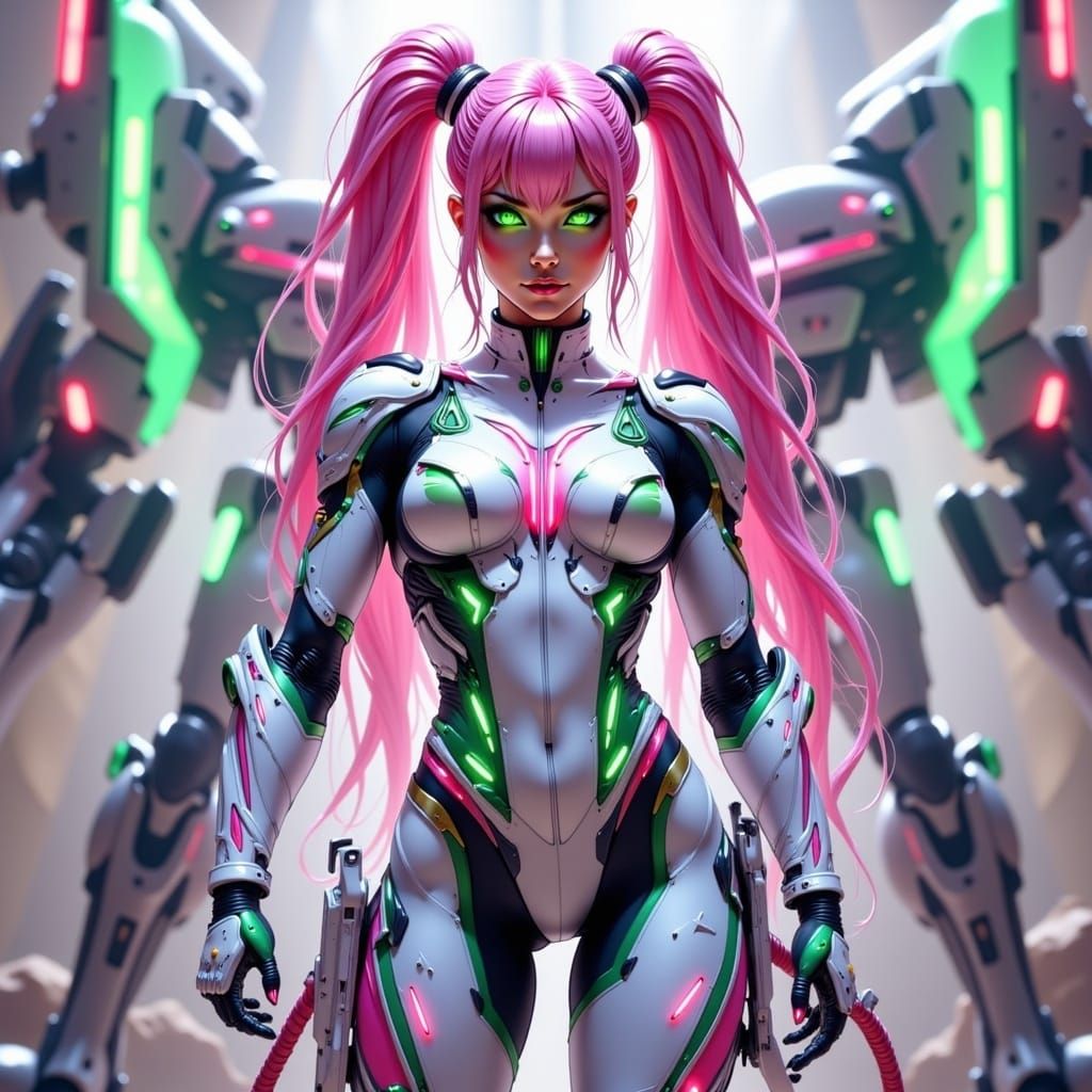 Futuristic Mecha Pilot with Pink Hair in Digital Art