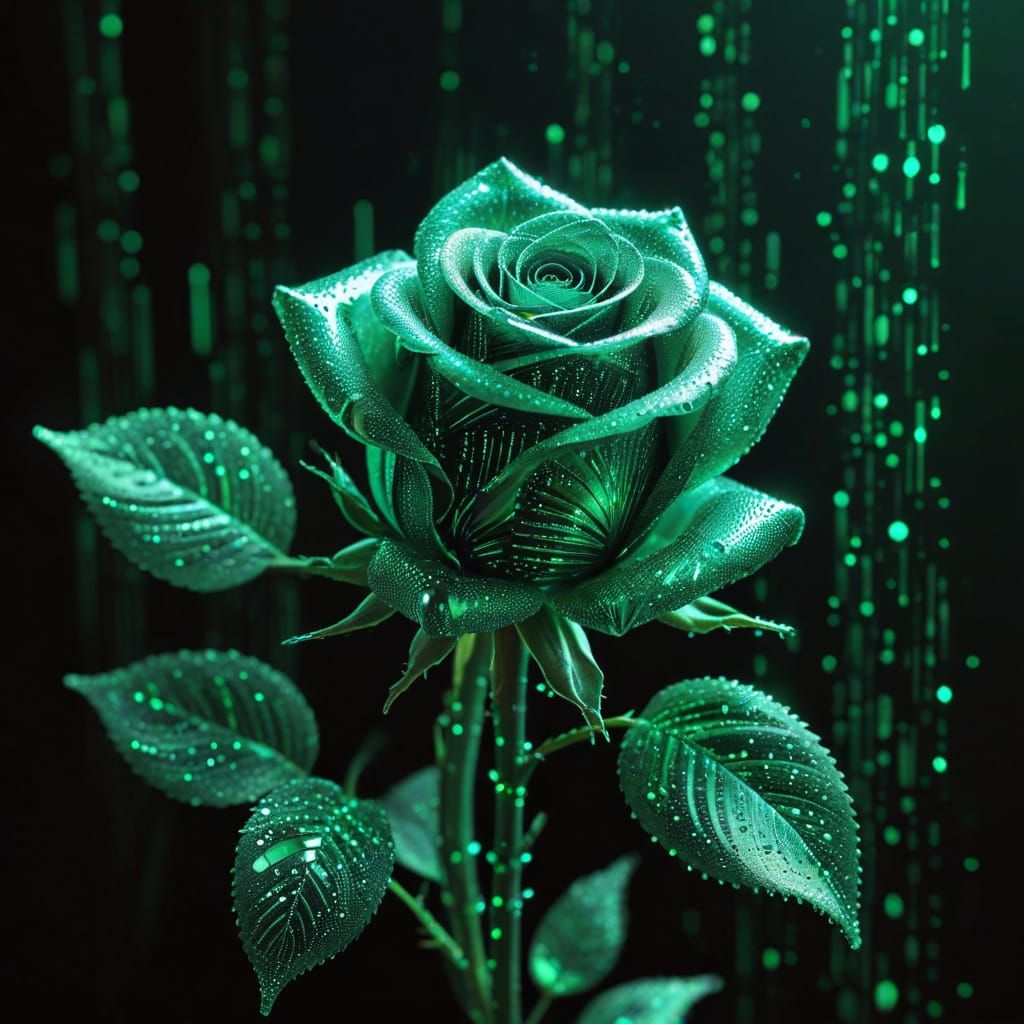 Sparkling Emerald Rose with Binary Code