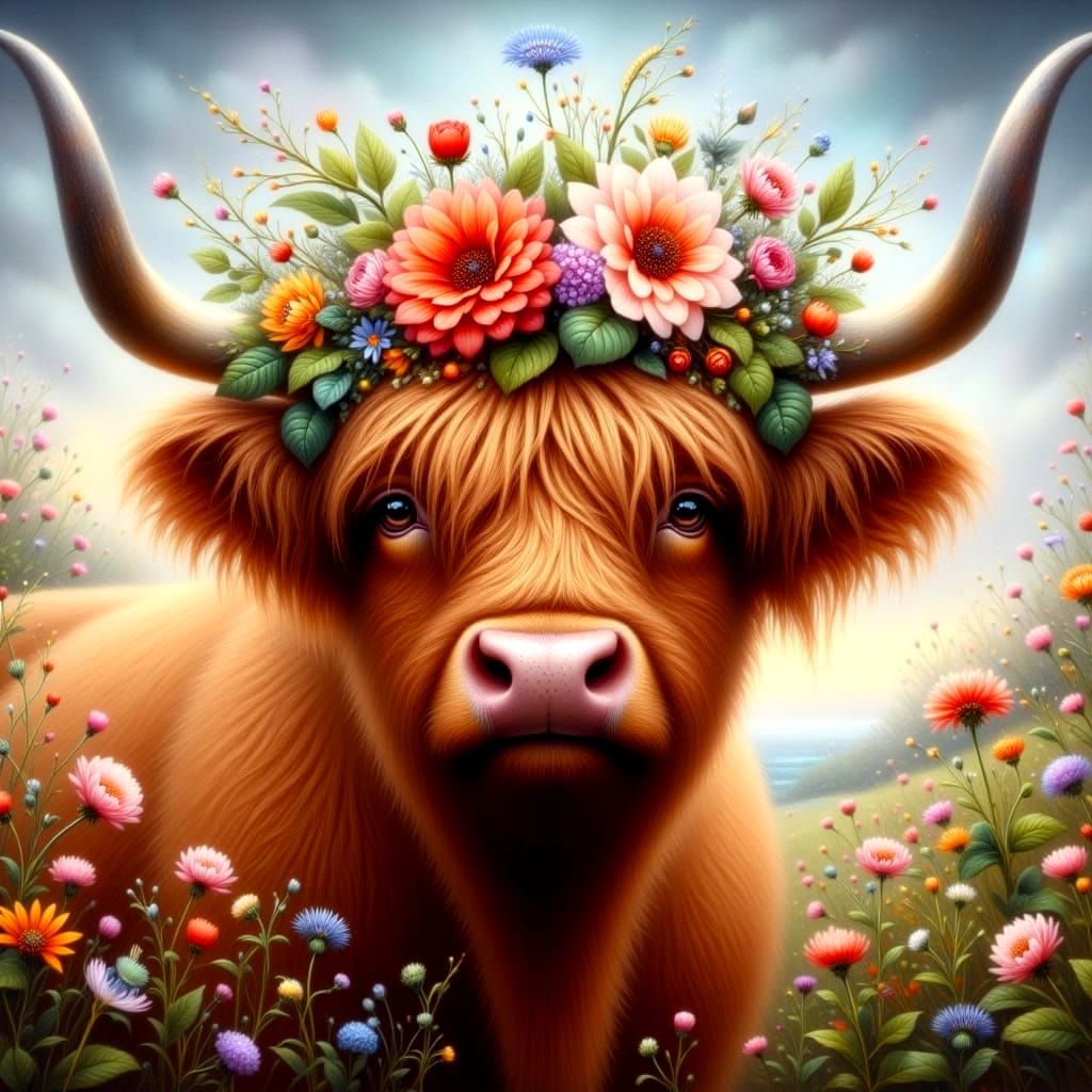 Highland Cow with Flower Crown in Fantasy Glow