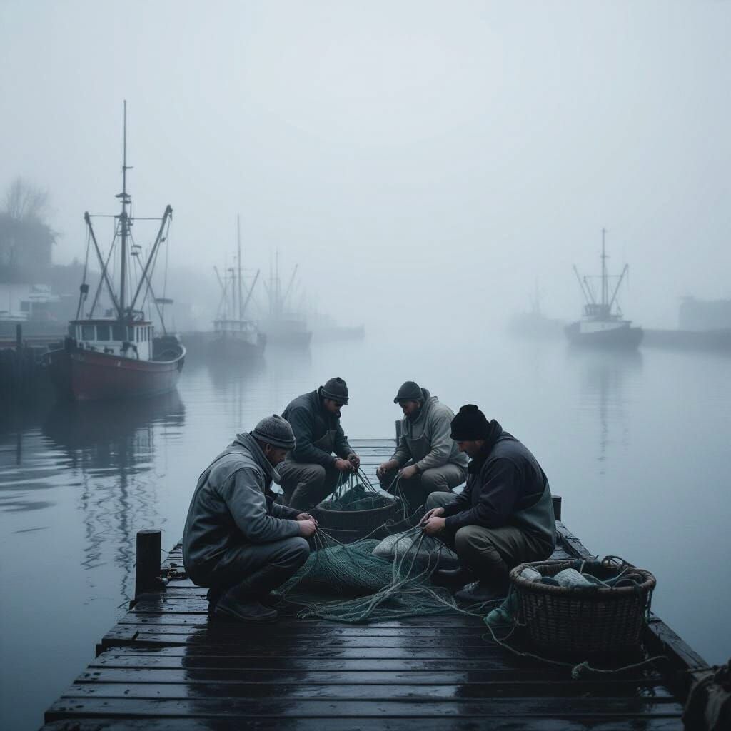 Fishermen Mending Nets on Foggy Pier at Dawn