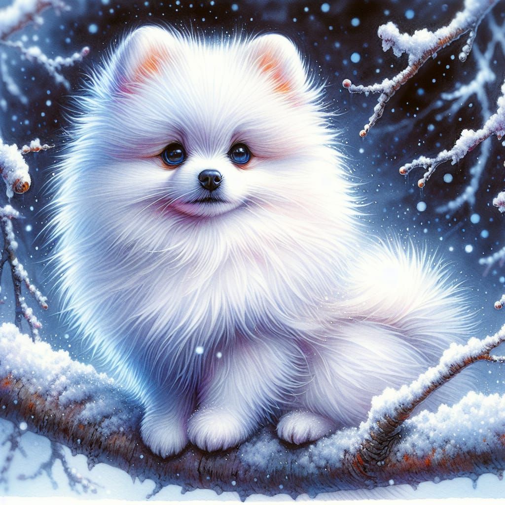 Vibrant Watercolor Pomeranian in Snowy Landscape