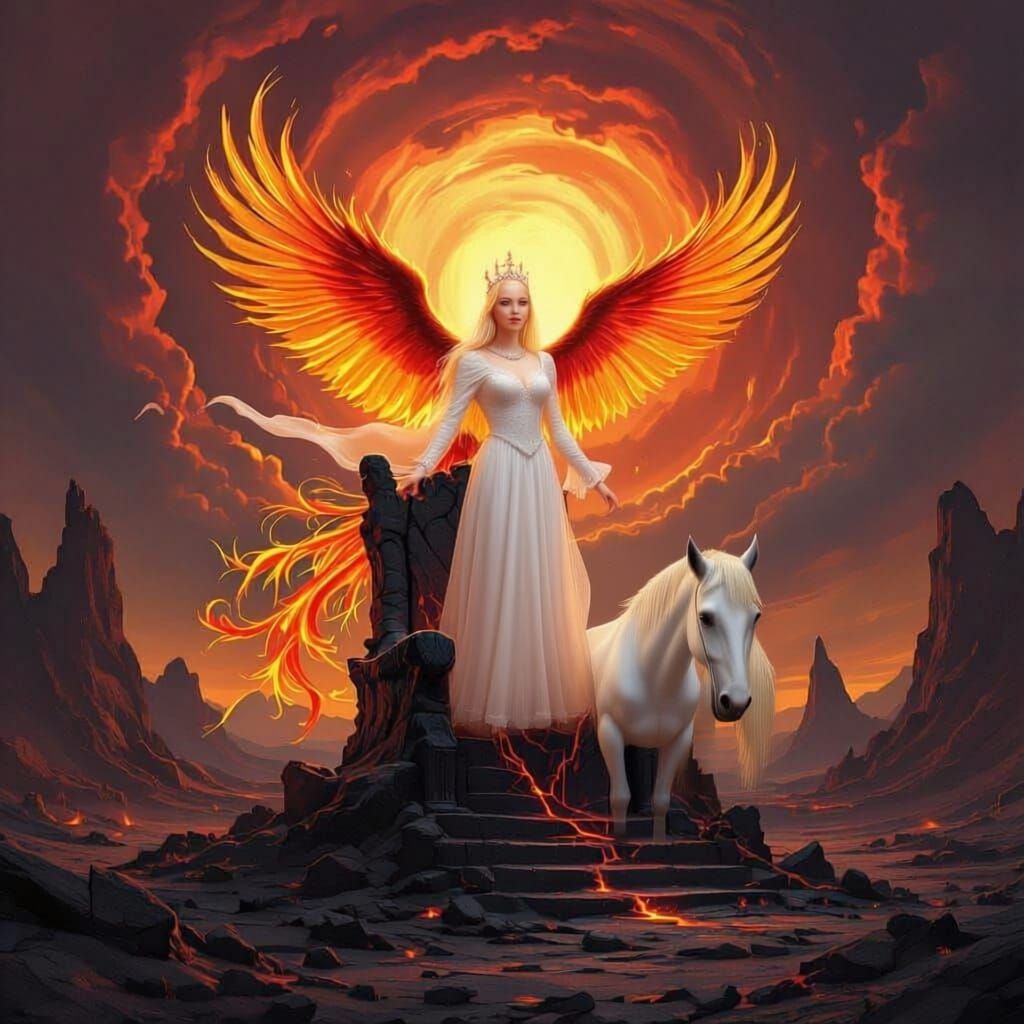 Golden Phoenix on Ancient Throne in Volcanic Realm