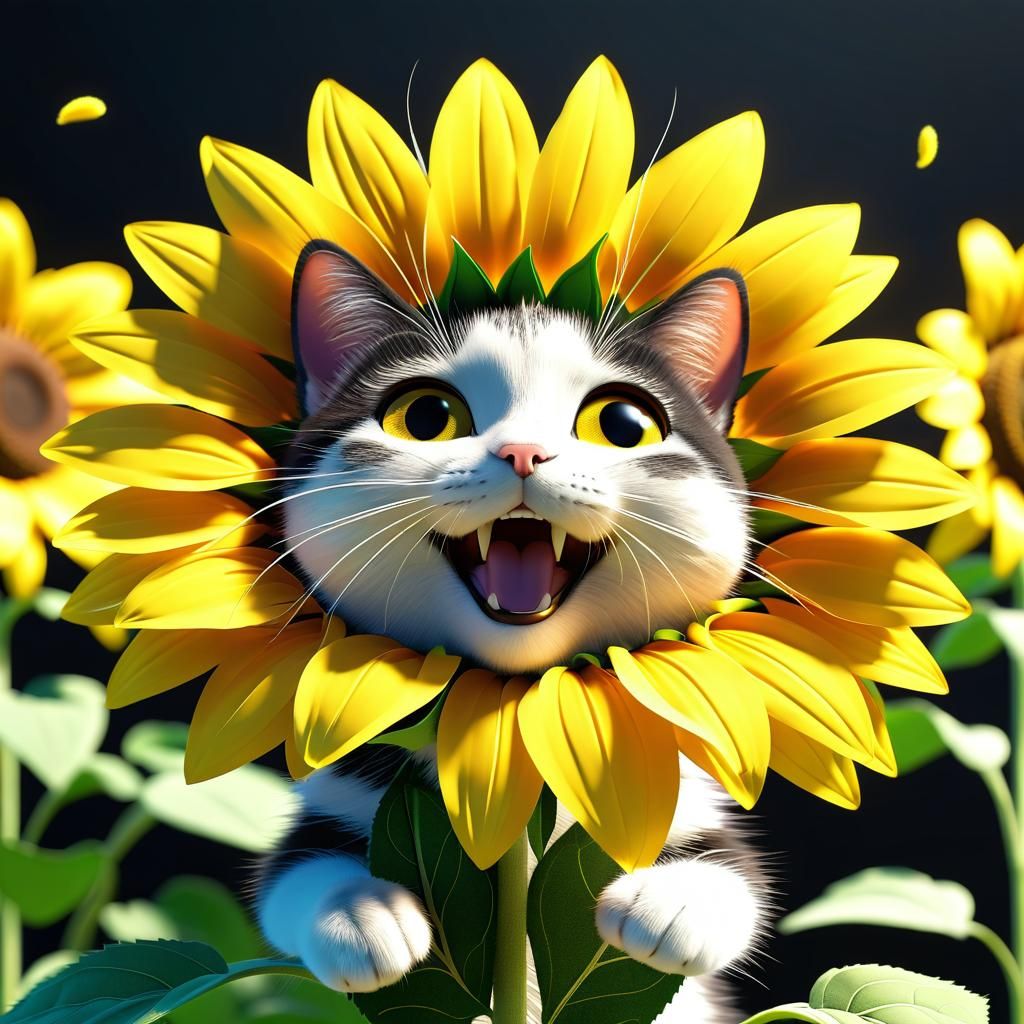 Cute Sunflower Cat in 3D Anime Style