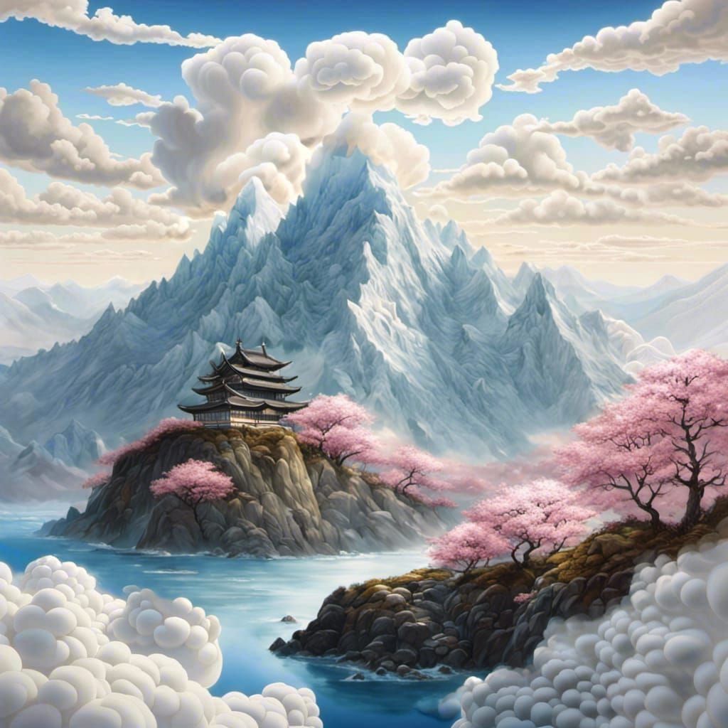 All-White Cherry Blossom Crystal Mountain Landscape