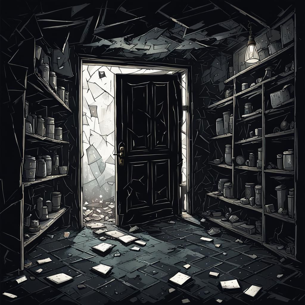 Sinister Basement Door with Looming Shadows