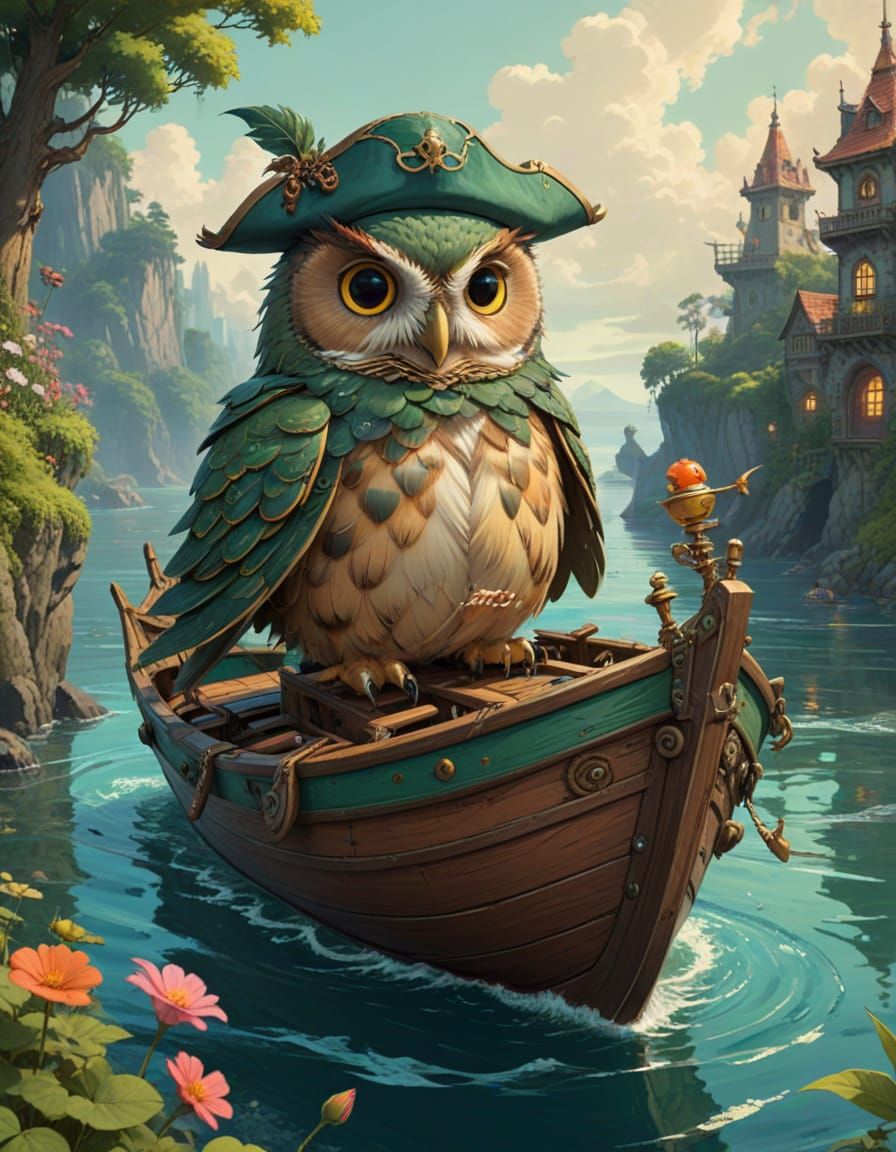 Whimsical Cartoon Owl Pirate on the Sea