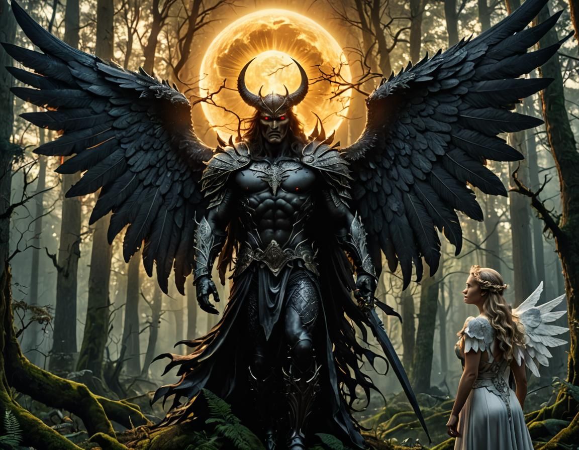 Demonic Man Versus Angel in Eerie Forest