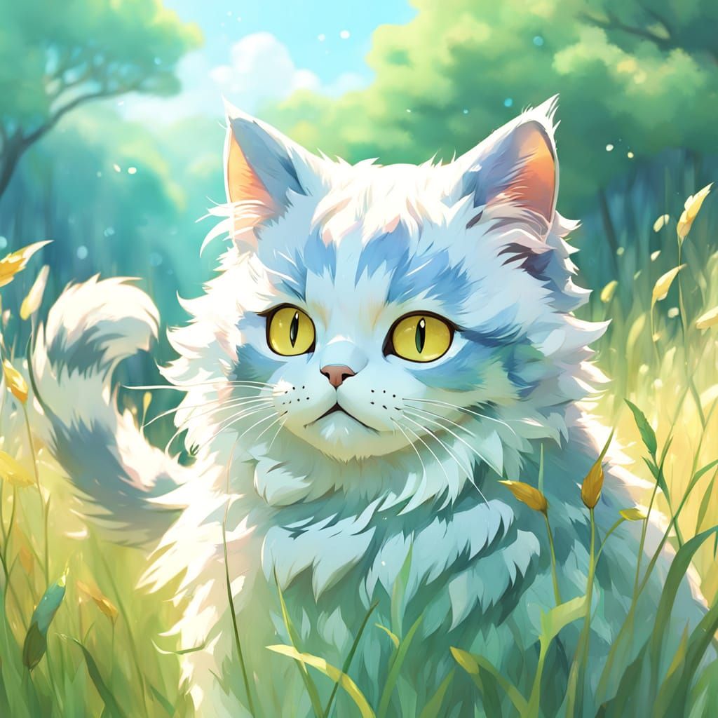 Delicate Anime Cat in a Vibrant Meadow