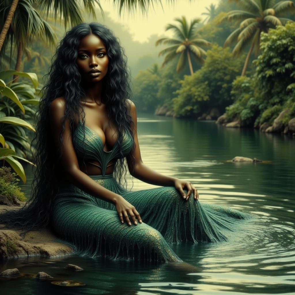 Mami Wata Goddess on Mossy Rock in Golden Hour Light