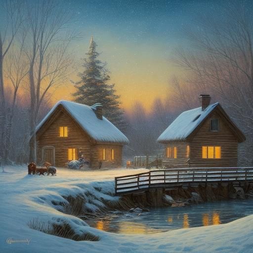 Idyllic Winter Cottage Scene in Impasto Oil Painting