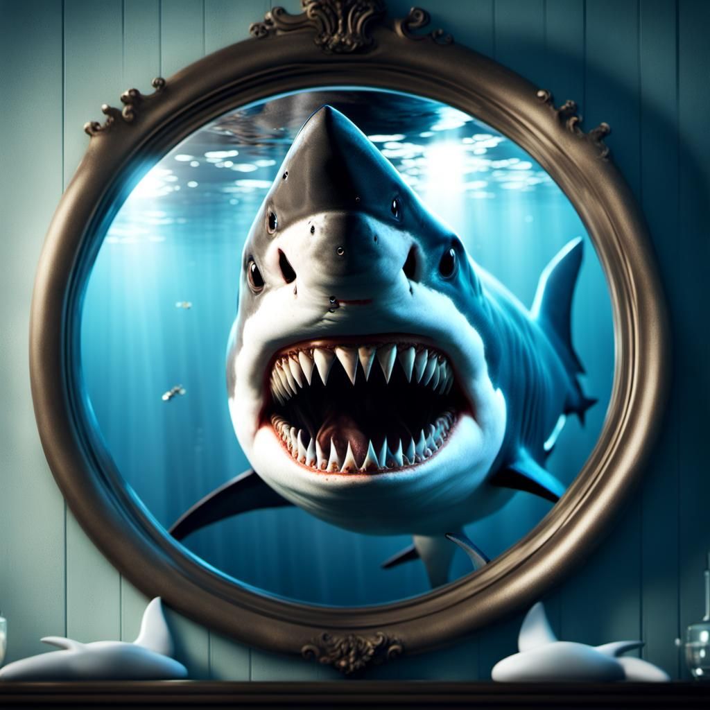 Shark Sees Sharp Teeth Reflected: Digital Art