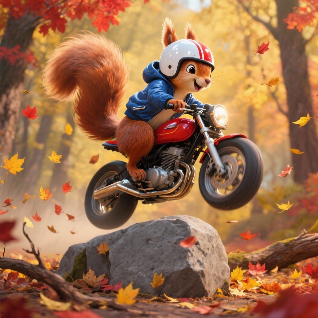 Squirrel Jumps Motorcycle in Vibrant Autumn Forest