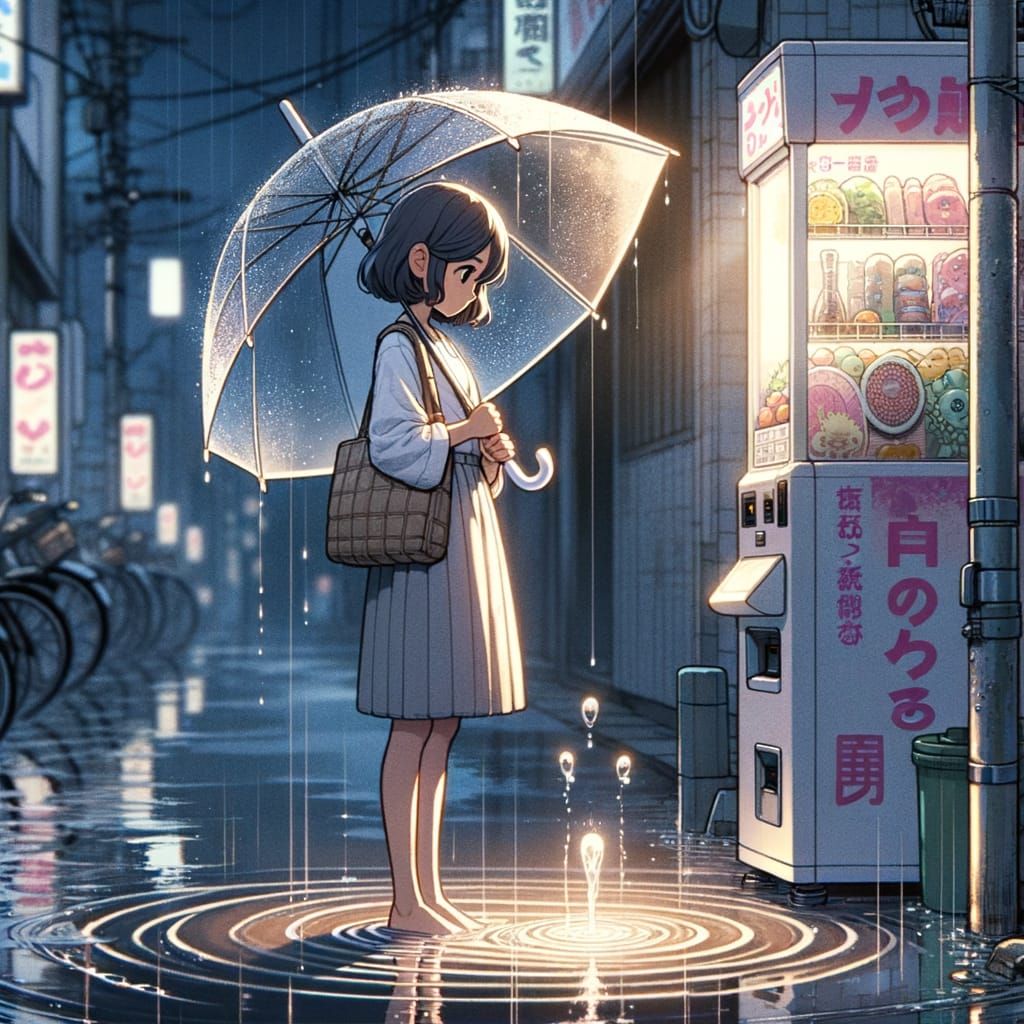 South Asian Girl Gazes at Heart-Shaped Puddle in Anime Style