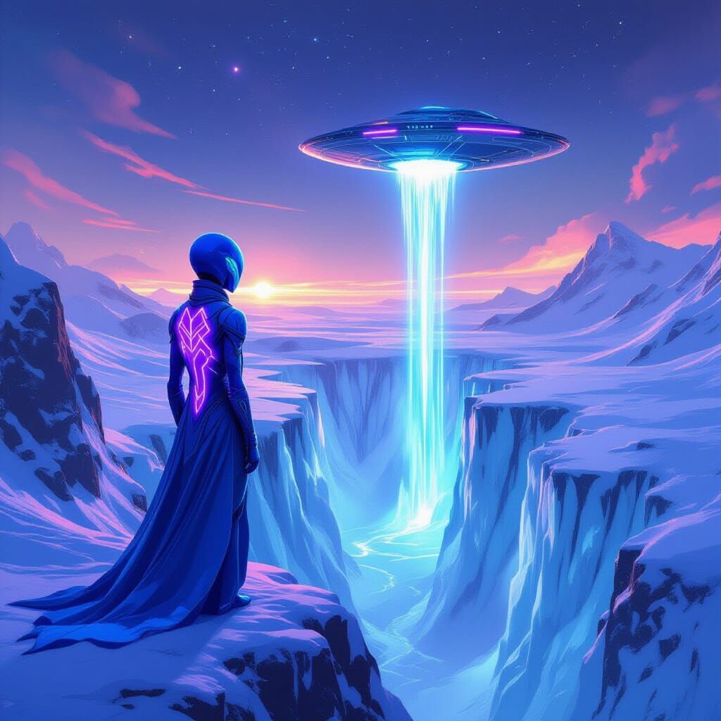 Alien on Icy Waterfall Nebula Over Pluto