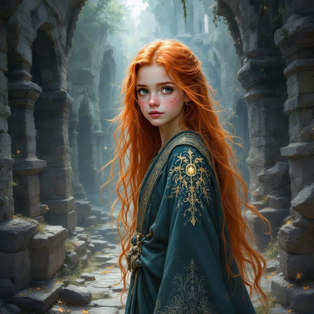 Fantastical Young Sorceress in Ancient Ruins, in Dreamlike,....
