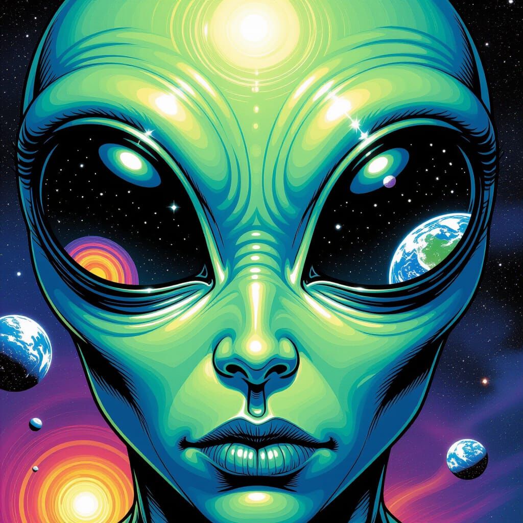 Extraterrestrial Face Reflecting Planets in Comic Book Style