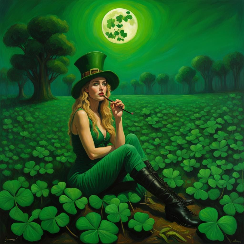 Woman in Leprechaun Hat Smoking Pipe, Oil Painting