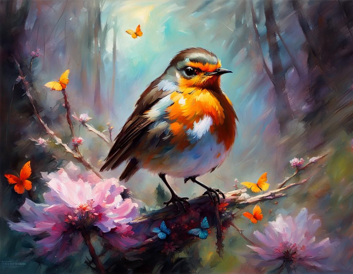 Robin with Butterfly Wings in Dreamy Forest