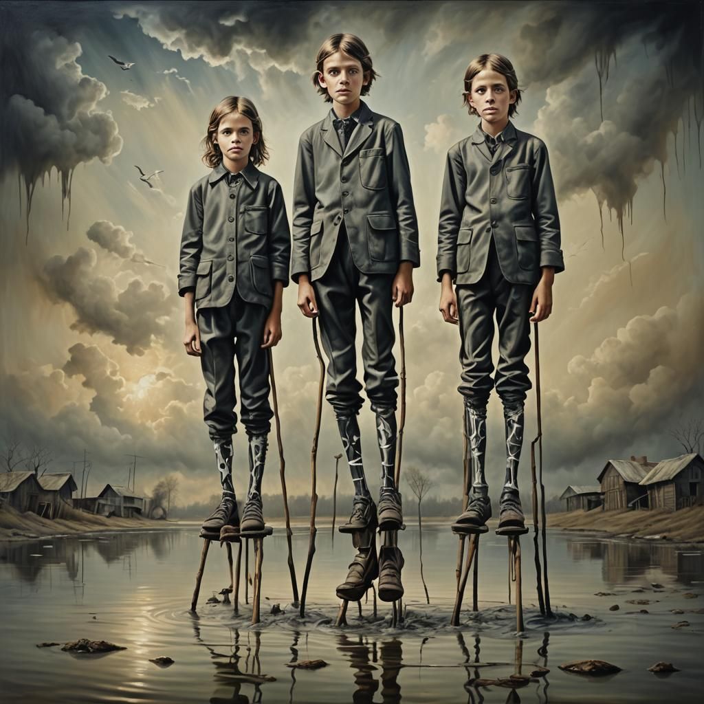 Children on Stilts in Surreal Oil Painting