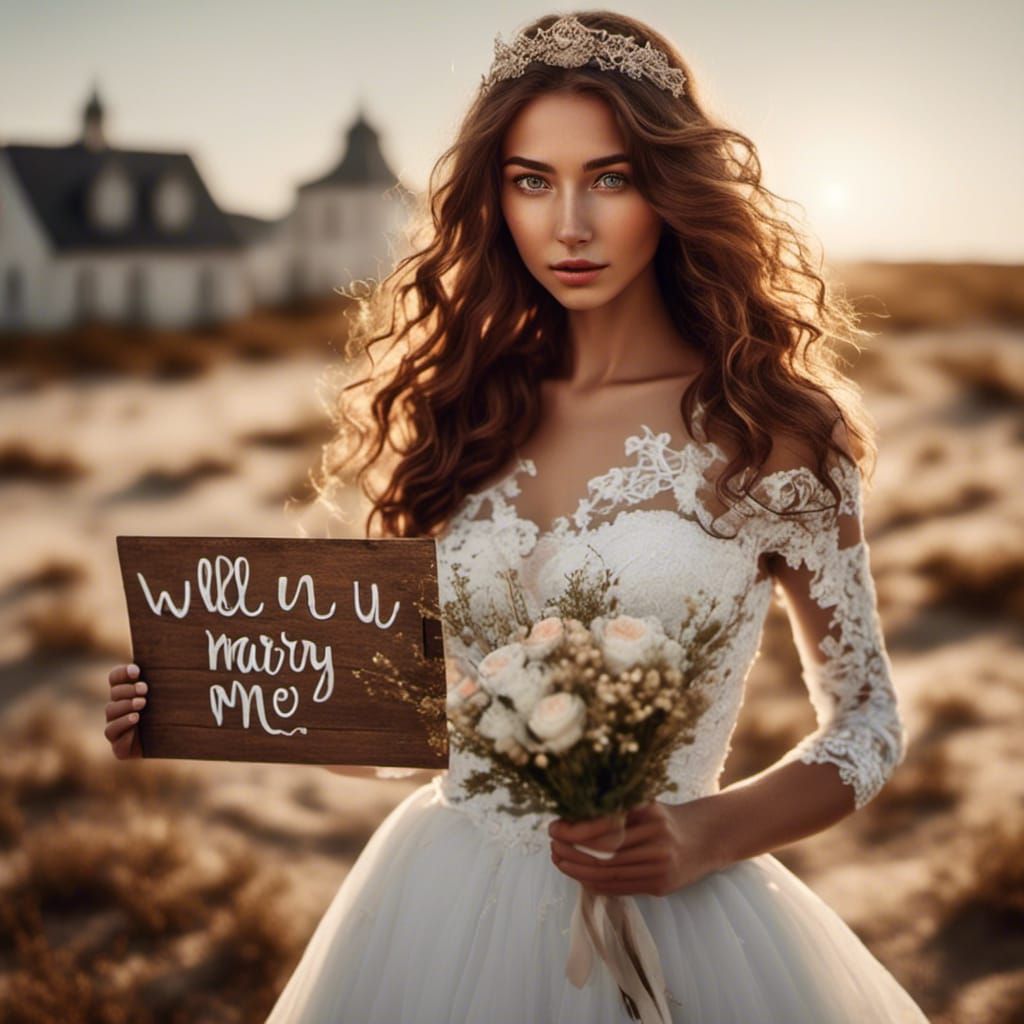 Woman in Wedding Dress Holding Proposal Sign