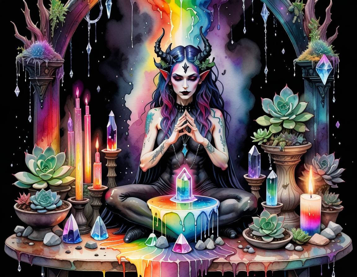 Gothic Demoness at Goddess Altar in Watercolour