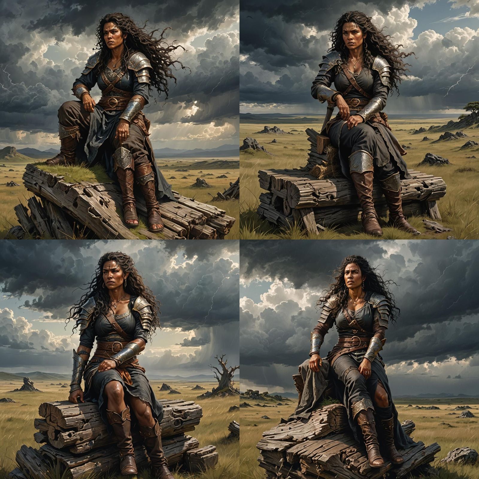 Fantasy Dwarf Warrior on Throne in Stormy Grasslands