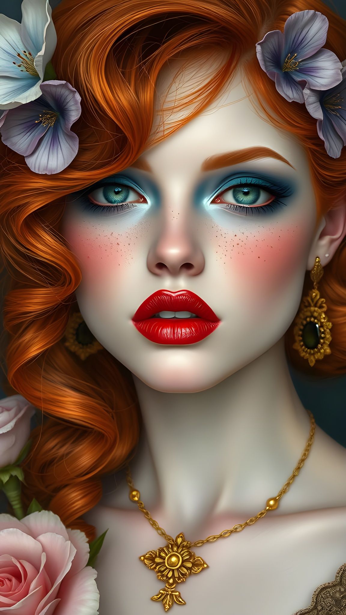 Ginger Woman with Blue Makeup in Art Deco Style