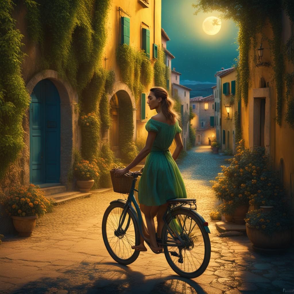 Woman's Night Ride Through Italian Village: Matte Painting