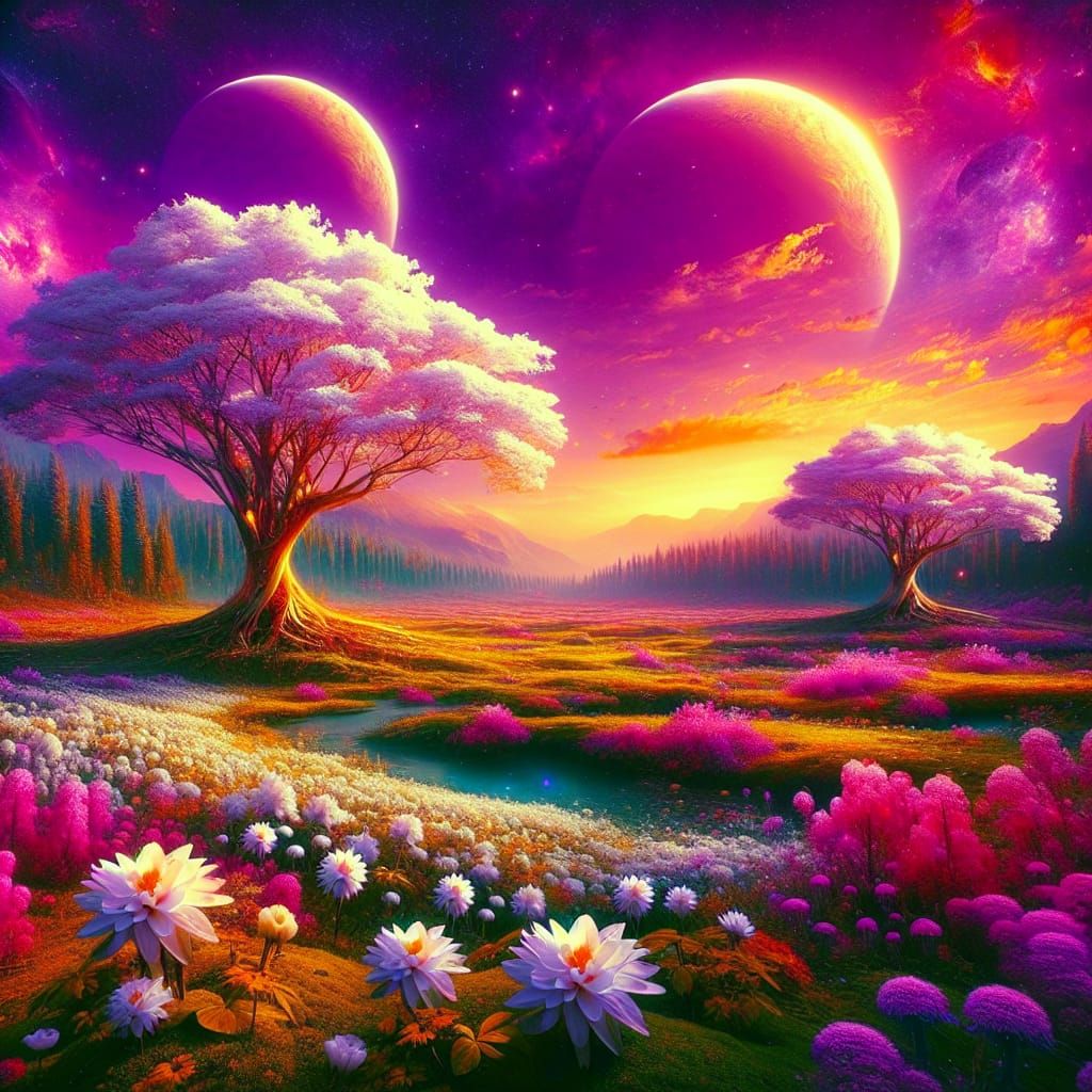 Breathtaking Otherworldly Meadow in a Vibrant Purple Sky