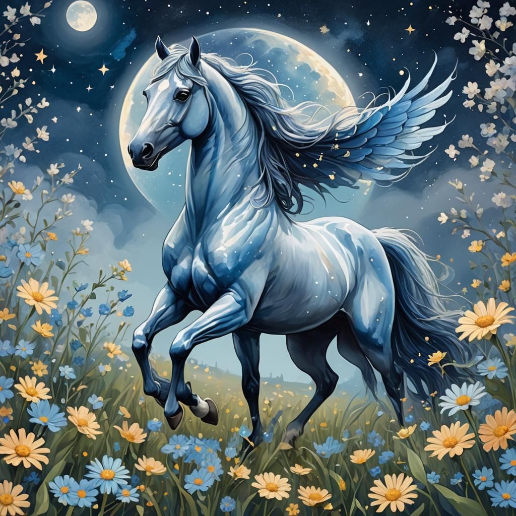 Blue Horse Flies Under Moon in Dreamlike Digital Art