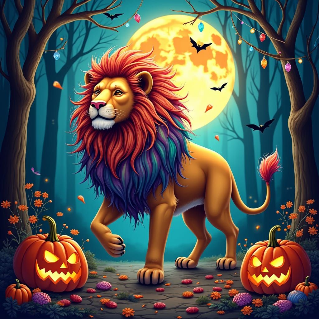 Rainbow Lion in Moonlit Forest: Klimt-Inspired Halloween