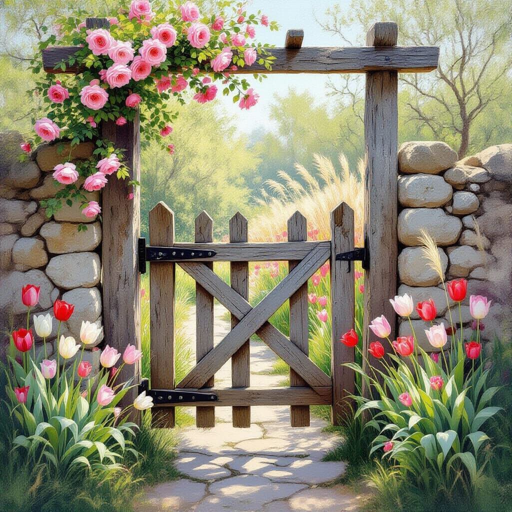 Rustic Garden Gate Framed by Flowers